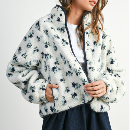 Ivory/Navy Floral Print Fluffy Fleece Jacket