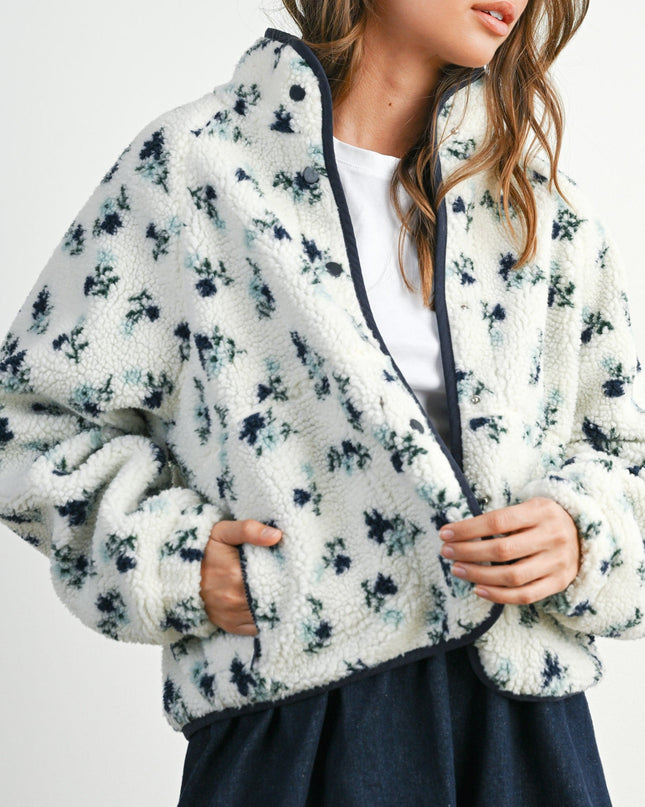 Ivory/Navy Floral Print Fluffy Fleece Jacket
