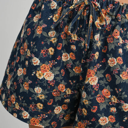 Dark Denim Floral Drawstring Shorts