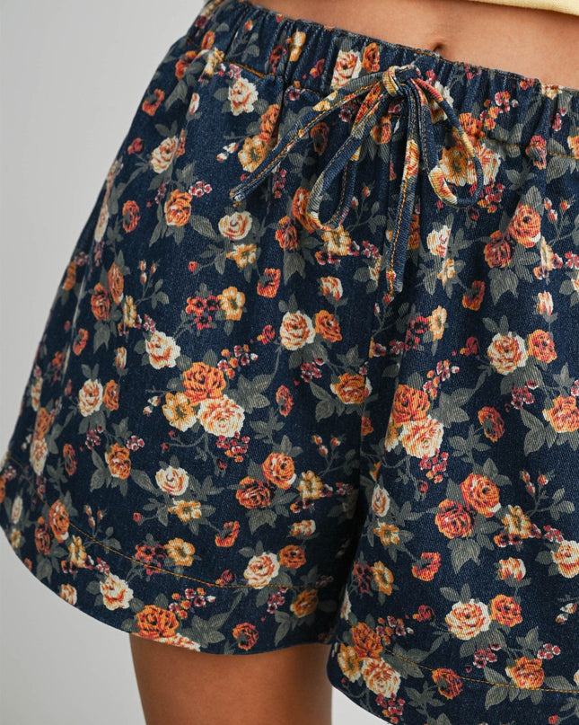 Dark Denim Floral Drawstring Shorts