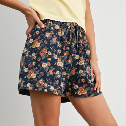 Dark Denim Floral Drawstring Shorts