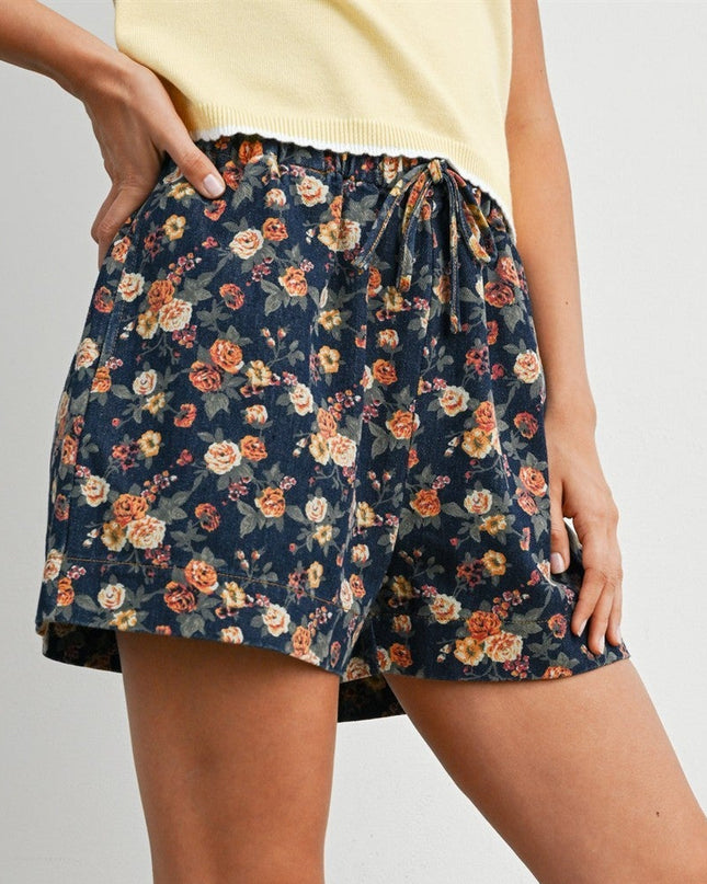 Dark Denim Floral Drawstring Shorts