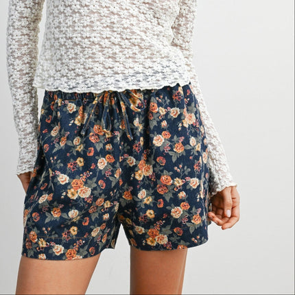 Dark Denim Floral Drawstring Shorts
