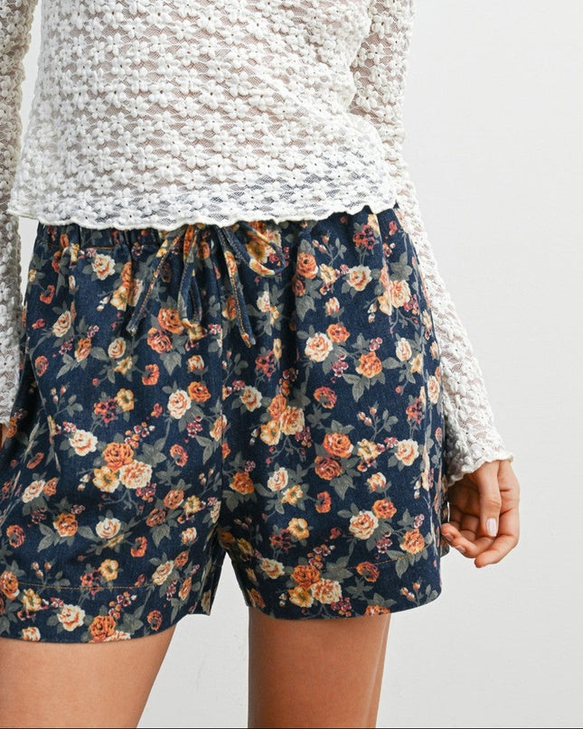 Dark Denim Floral Drawstring Shorts