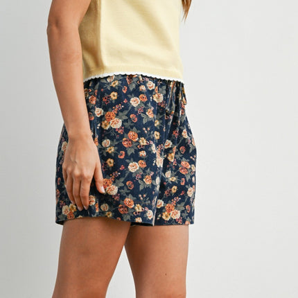 Dark Denim Floral Drawstring Shorts