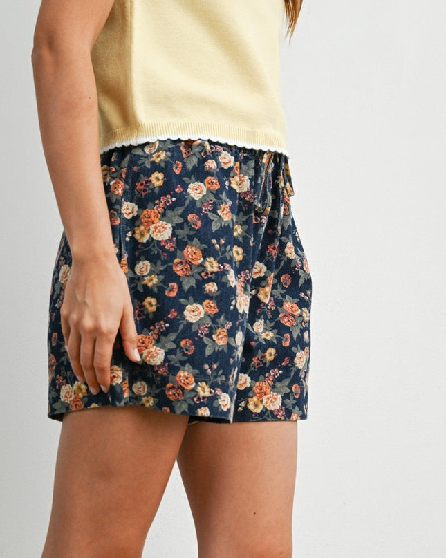 Dark Denim Floral Drawstring Shorts