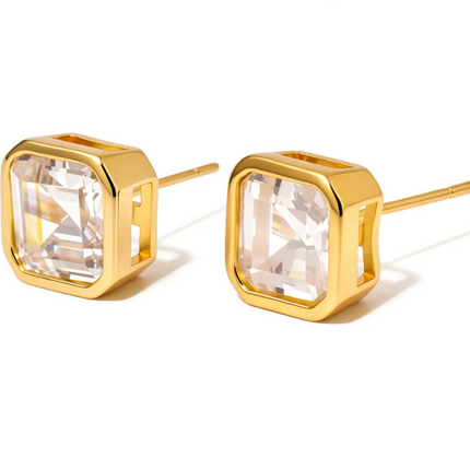 Gold Bezel Diamond Stud Earrings - Waterproof