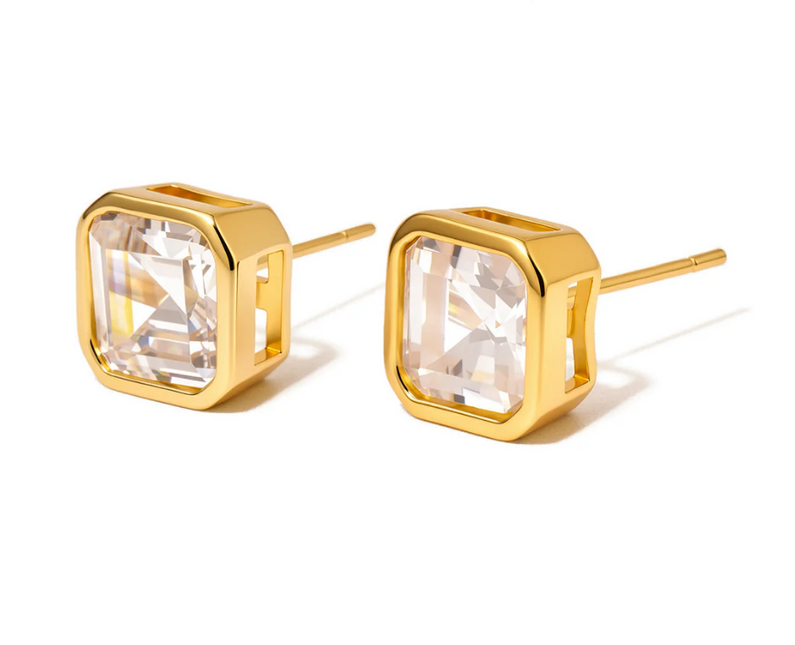 Gold Bezel Diamond Stud Earrings - Waterproof