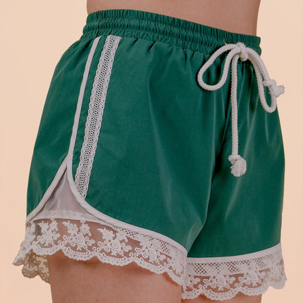 Green Lace Trim Activewear Shorts