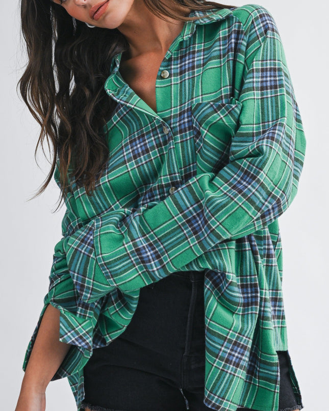 PRE-ORDER-Green Oversized Plaid Button Down Shirt