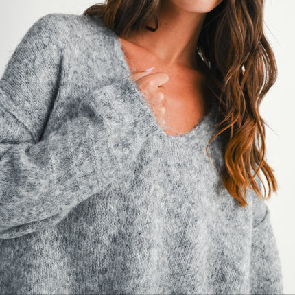 Gray Brushed V-neck Sweater