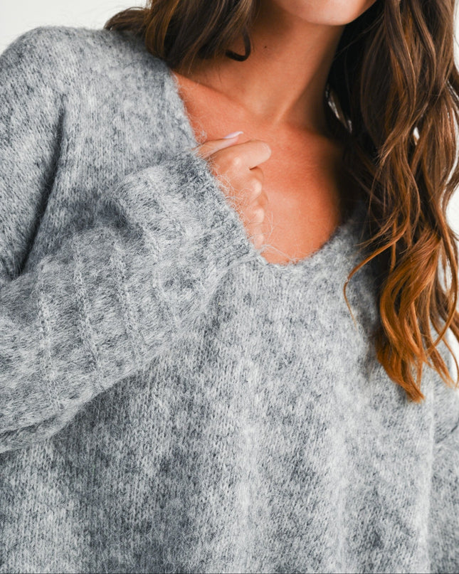 Gray Brushed V-neck Sweater
