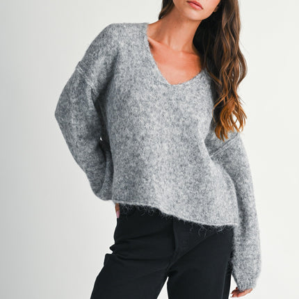 Gray Brushed V-neck Sweater