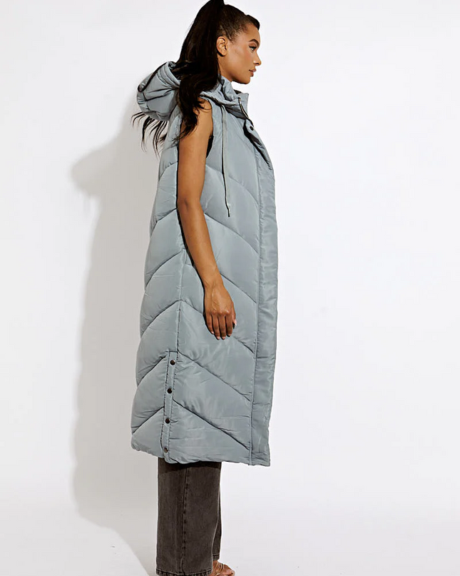 Grey Longline Puffer Hooded Vest