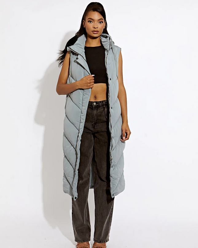 Grey Longline Puffer Hooded Vest
