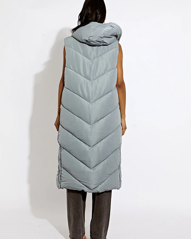 Grey Longline Puffer Hooded Vest