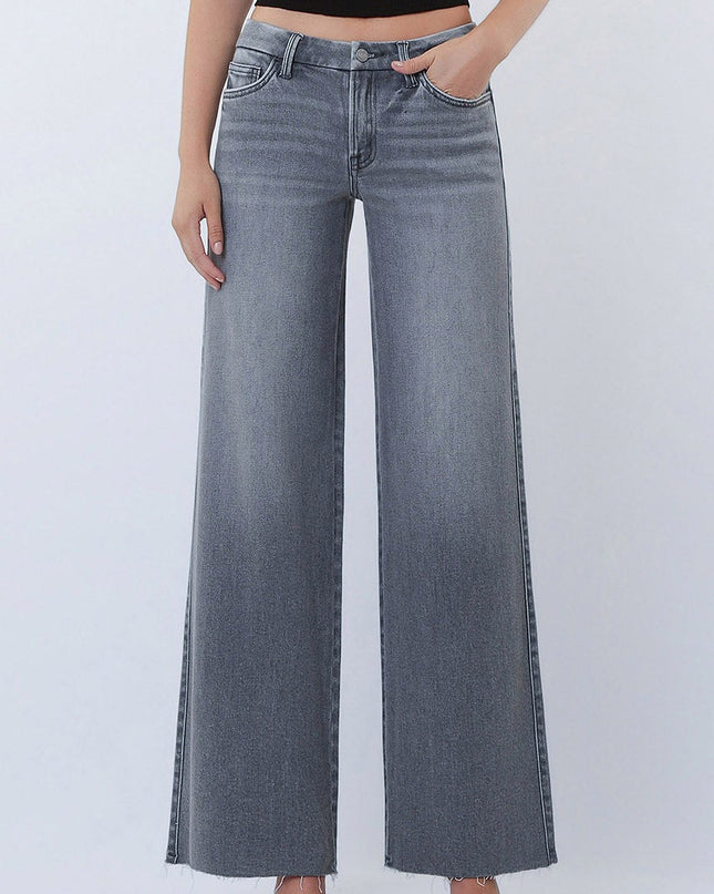Grey Mid Rise Wide Leg Denim