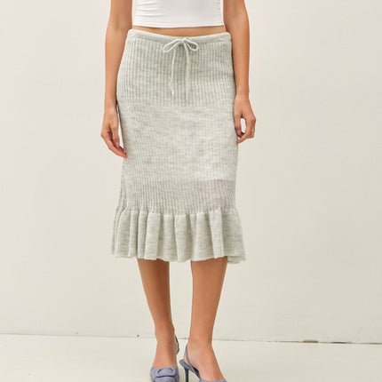 Grey Ruffle Hem Midi Knit Skirt