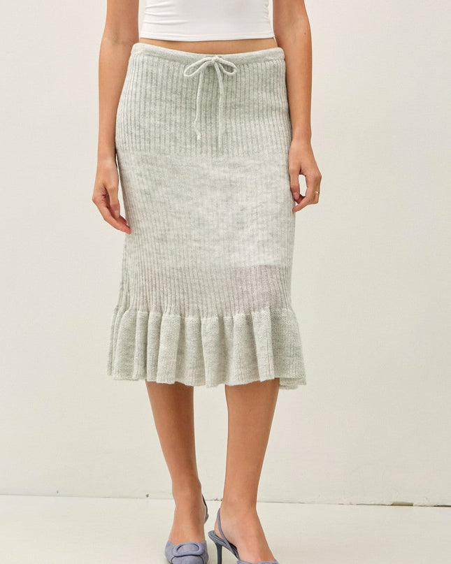 Grey Ruffle Hem Midi Knit Skirt