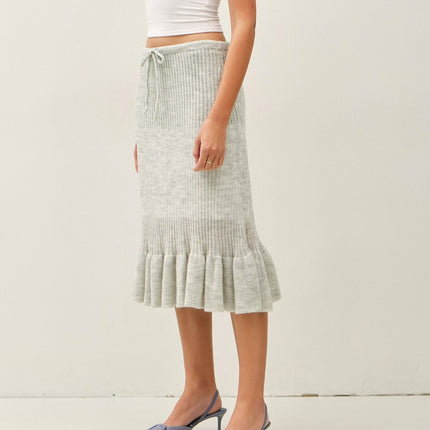 Grey Ruffle Hem Midi Knit Skirt