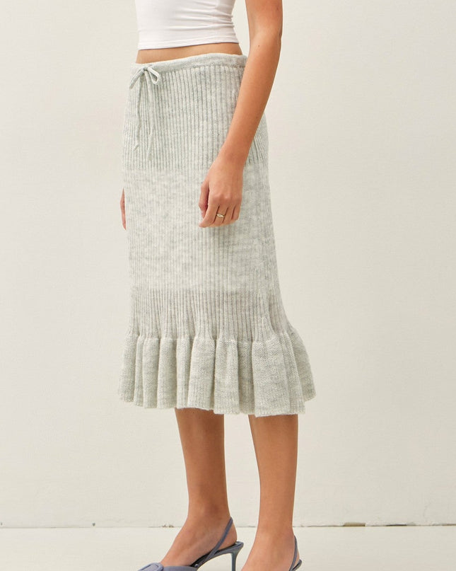 Grey Ruffle Hem Midi Knit Skirt