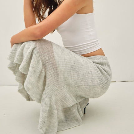 Grey Ruffle Hem Midi Knit Skirt