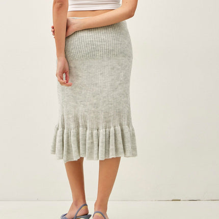 Grey Ruffle Hem Midi Knit Skirt