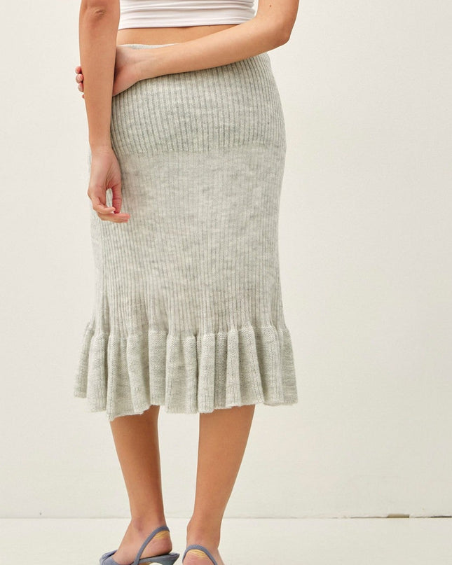 Grey Ruffle Hem Midi Knit Skirt