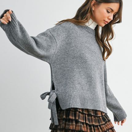 Grey Tie Split-hem Crewneck Sweater - Shop Simply Apparel