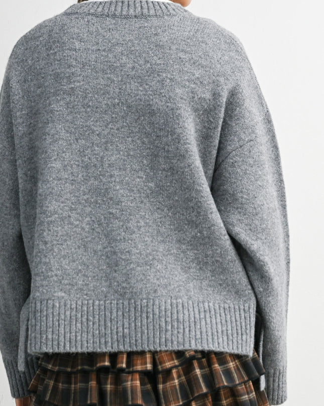 Grey Tie Split-hem Crewneck Sweater - Shop Simply Apparel