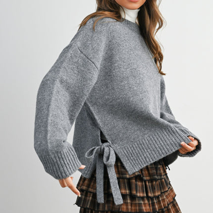 Grey Tie Split-hem Crewneck Sweater - Shop Simply Apparel