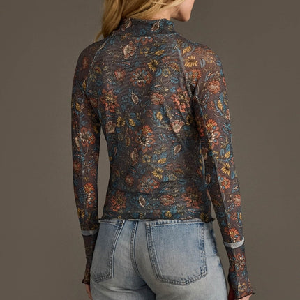 Grey Orange and Blue Floral Mesh Top