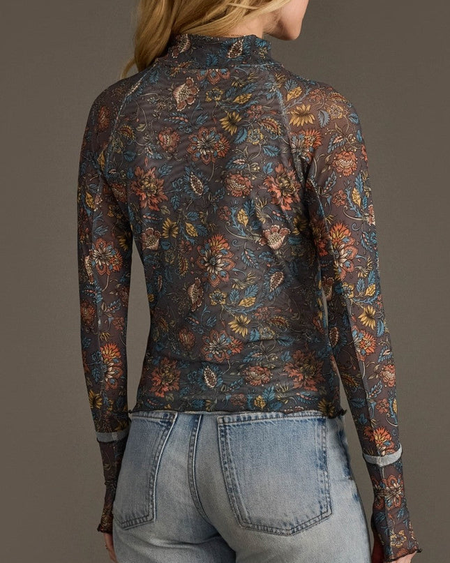 Grey Orange and Blue Floral Mesh Top