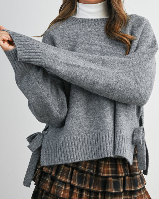 Grey Tie Split-hem Crewneck Sweater - Shop Simply Apparel