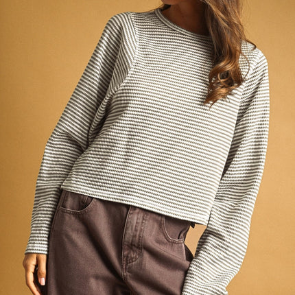PRE-ORDER Grey Striped Waffle Long Sleeve Top