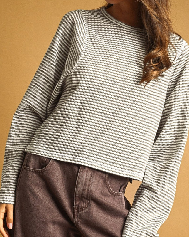PRE-ORDER Grey Striped Waffle Long Sleeve Top