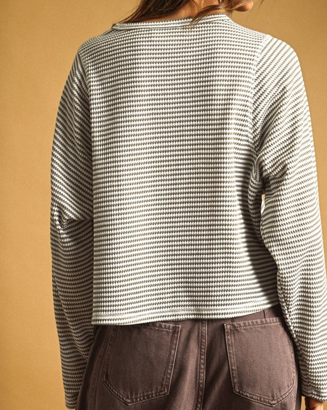 PRE-ORDER Grey Striped Waffle Long Sleeve Top
