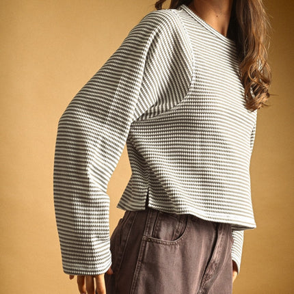 PRE-ORDER Grey Striped Waffle Long Sleeve Top