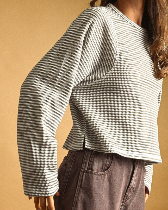 PRE-ORDER Grey Striped Waffle Long Sleeve Top