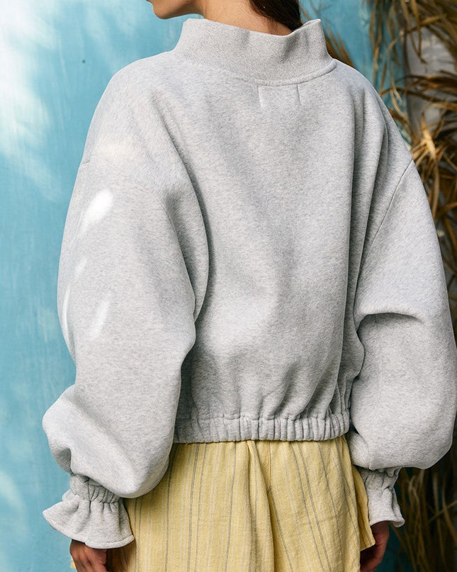 Heather Grey Mock Neck Ruffled Cuff Sweatshirt