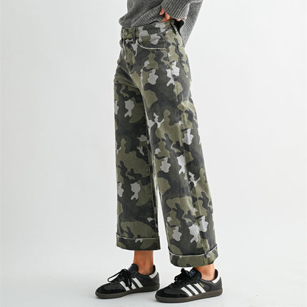 High-rise Wide Leg Crop Camouflage Denim