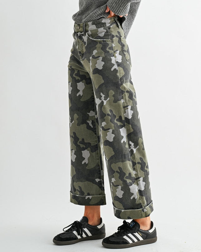 High-rise Wide Leg Crop Camouflage Denim