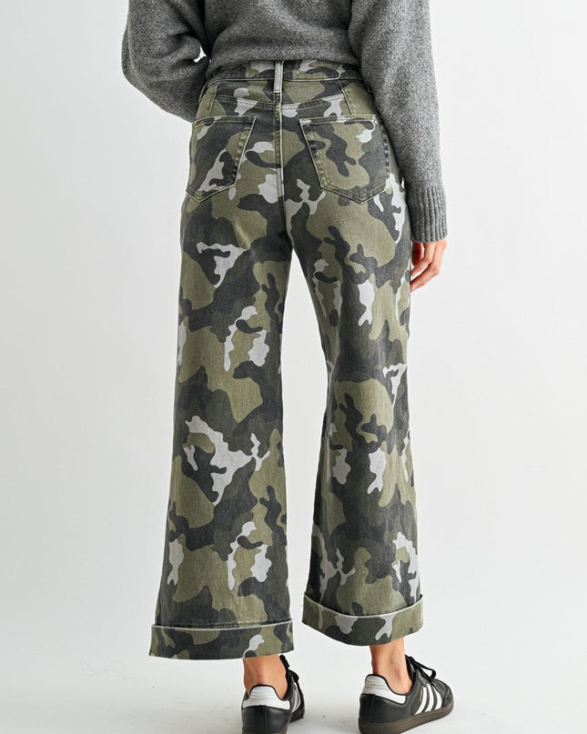 High-rise Wide Leg Crop Camouflage Denim