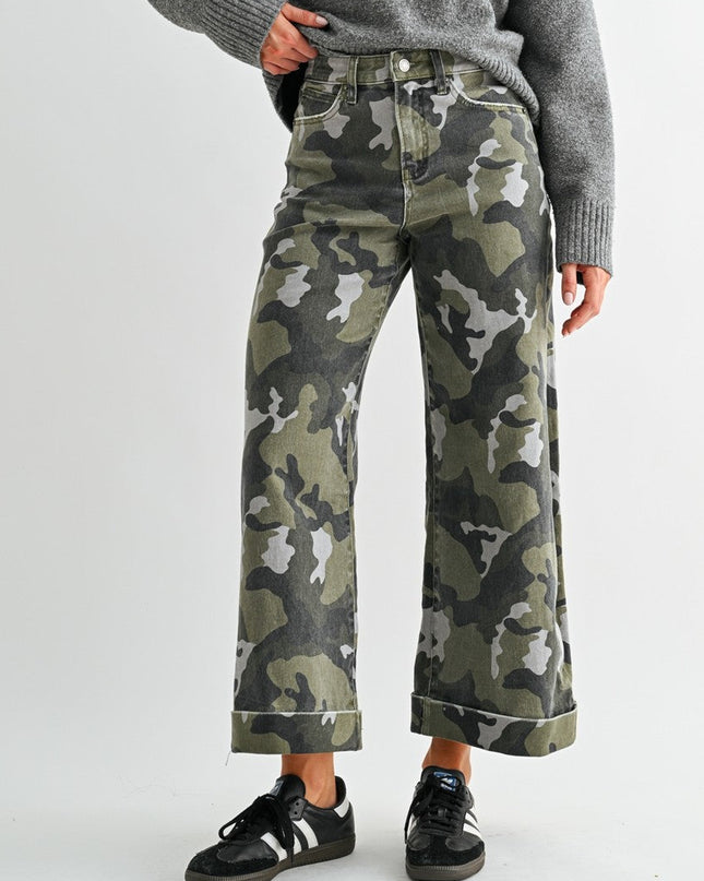 High-rise Wide Leg Crop Camouflage Denim