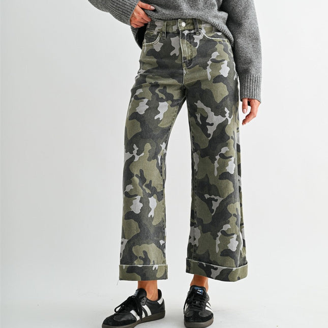 High-rise Wide Leg Crop Camouflage Denim