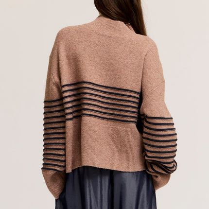 Tan High Neck Stripe Wide Hem Sweater