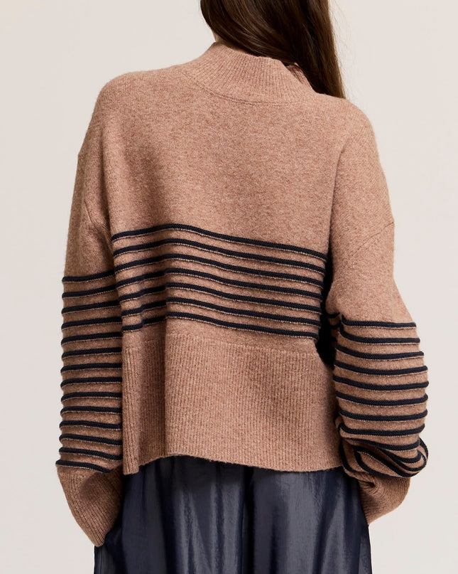 Tan High Neck Stripe Wide Hem Sweater