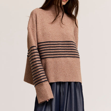 Tan High Neck Stripe Wide Hem Sweater