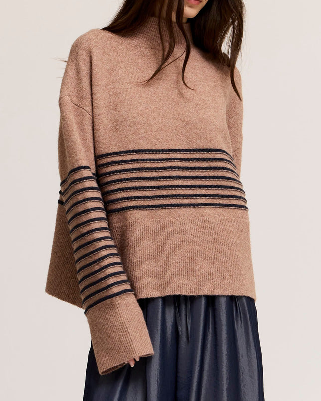 Tan High Neck Stripe Wide Hem Sweater