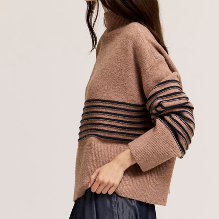 Tan High Neck Stripe Wide Hem Sweater
